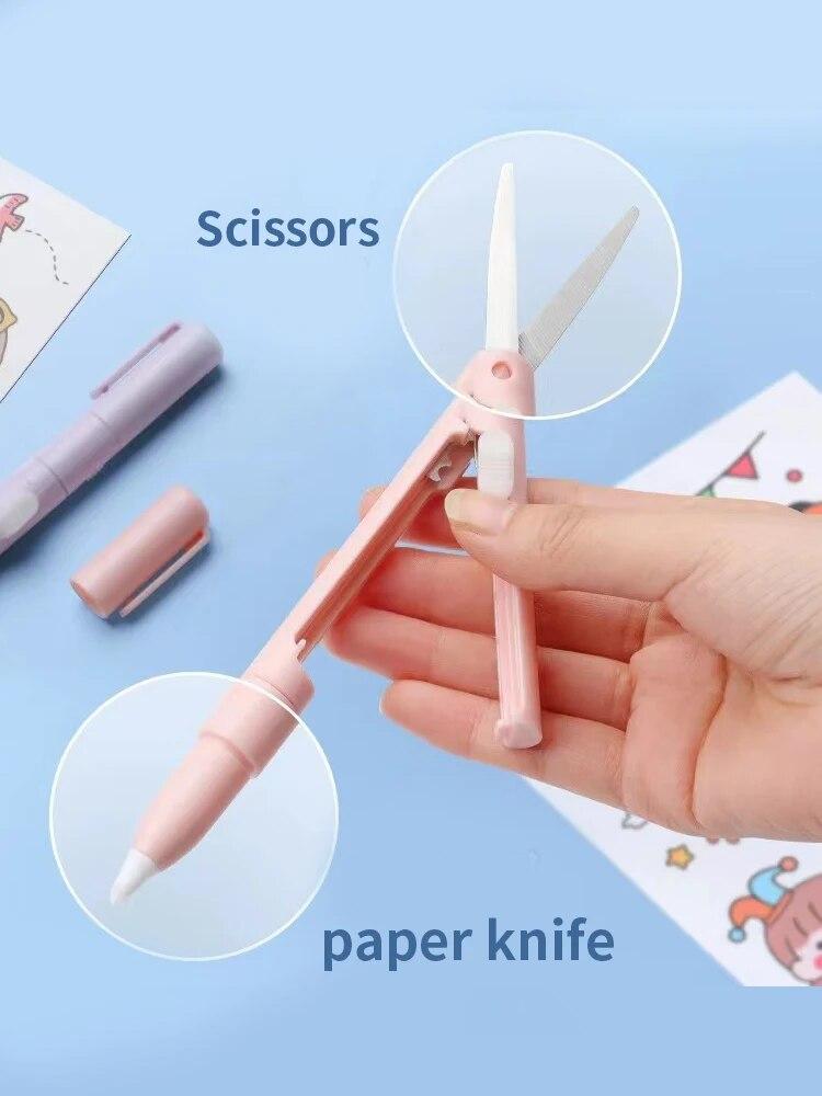 1 st Mini Draagbare Schaar Papier Snijder Mes 2-in-1 Multifunctioneel Zakpen Vorm Scrapbooking Snijwerk Snij Gereedschap