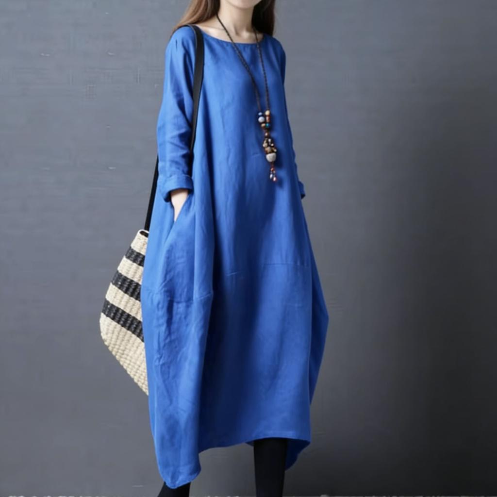 Abito Maxi da Donna in Lino a Manica Lunga con Scollo a O, Oversize Casual, Tunichetta Lunga Dritta