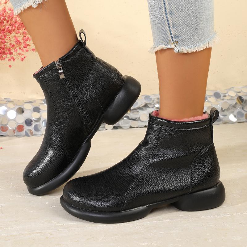 Fleece-Lined Cotton Mom Shoes Warm Short Leather Boots Comfortable Women'S Shoes For Middle-Aged And Elderly Not Slippery