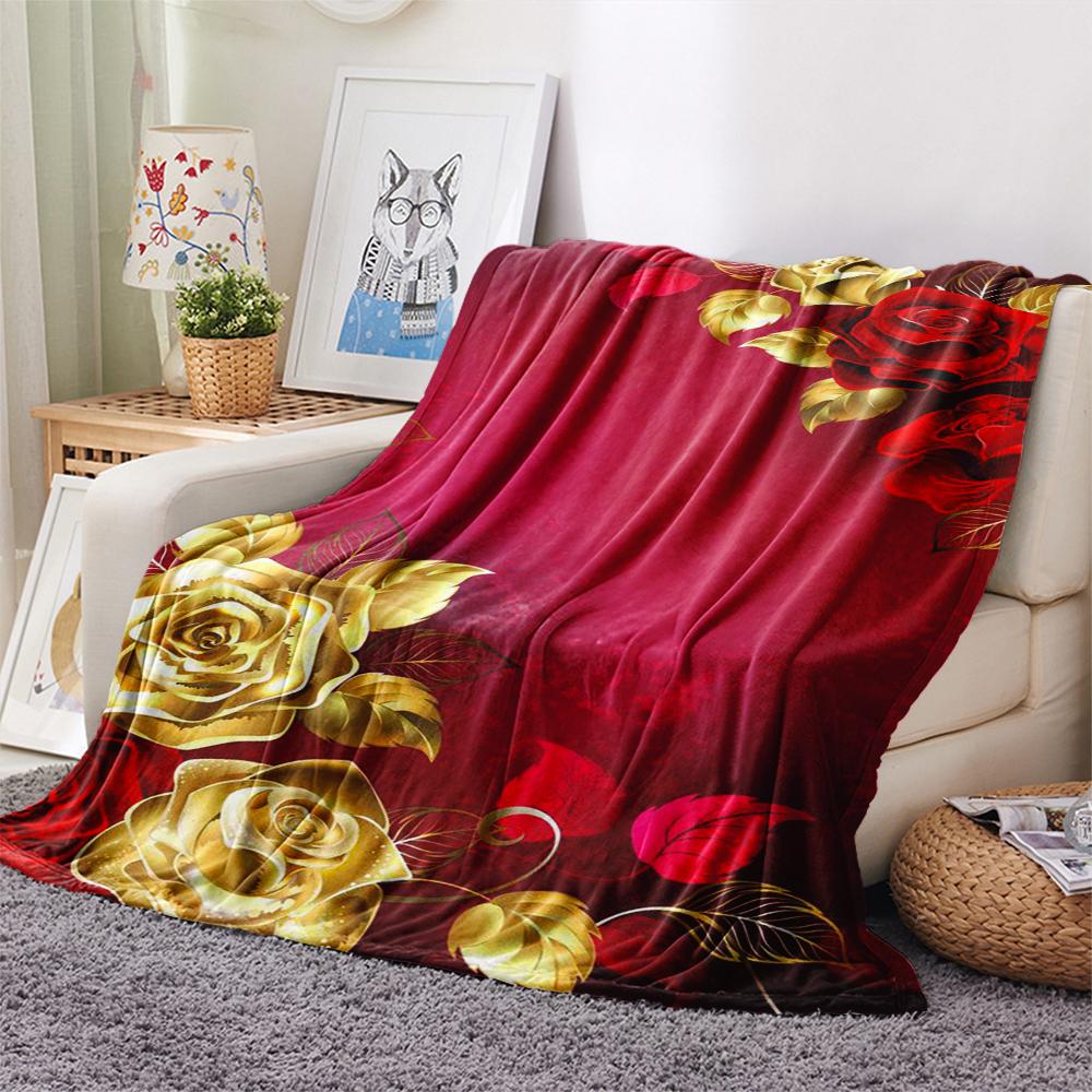 1Pc Golden Flower Print Flannel Blanket, High Quality Comfortable for All Seasons, Home Decor, Warmth and Comfort, Perfect for Gifts