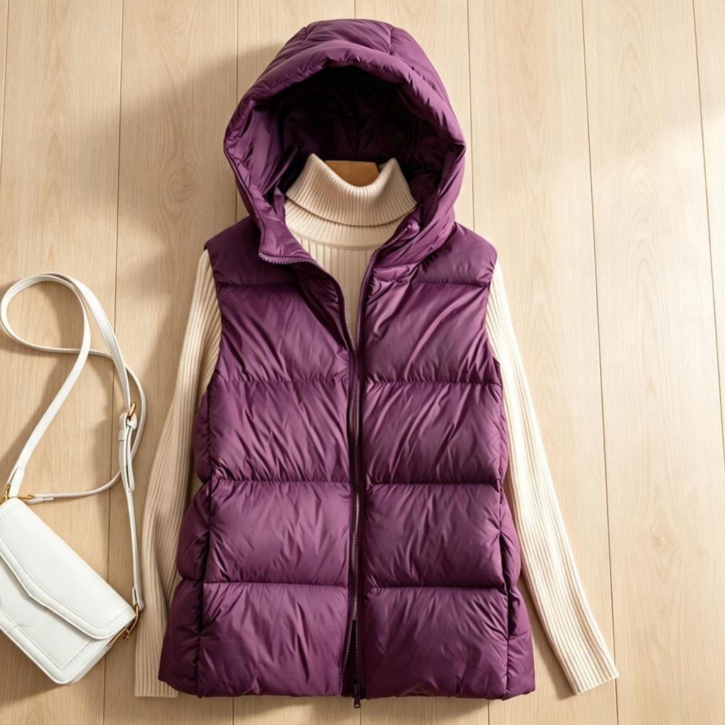 Women's Lightweight, Thickened Down Vest for Middle-Aged and Elderly Women Solid-Color Hooded Puffer Jacket