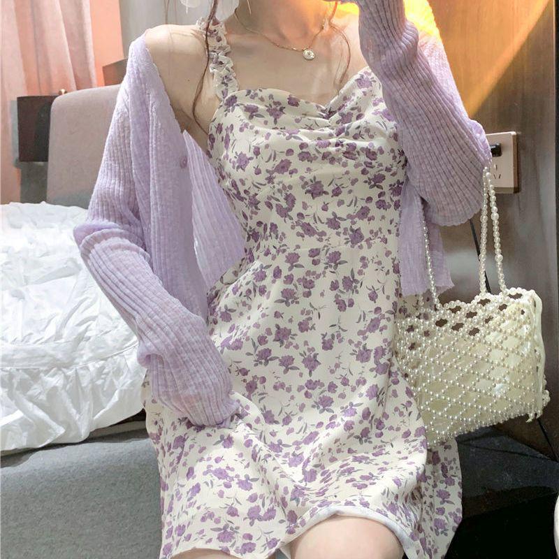 Women's Floral Suspender Dress Set: Sweet & Spicy Summer Style with Short Skirt and Sun Protection Cardigan.