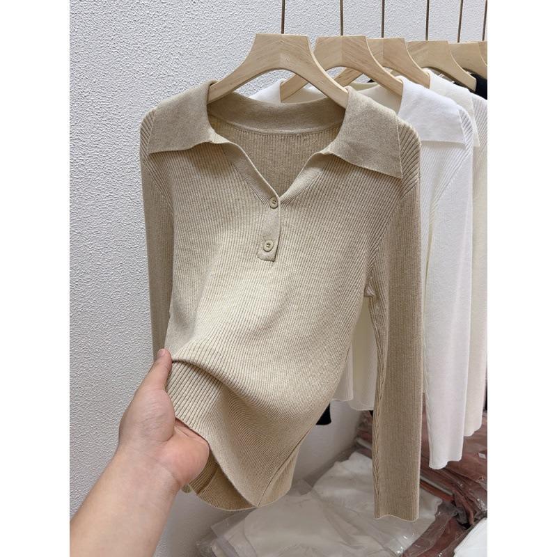 Lapel Retro Inner Knitted Women's Spring and Autumn New Long-sleeved Pullover Sweater Bottoming Shirt Slim-fitting and Thin Top