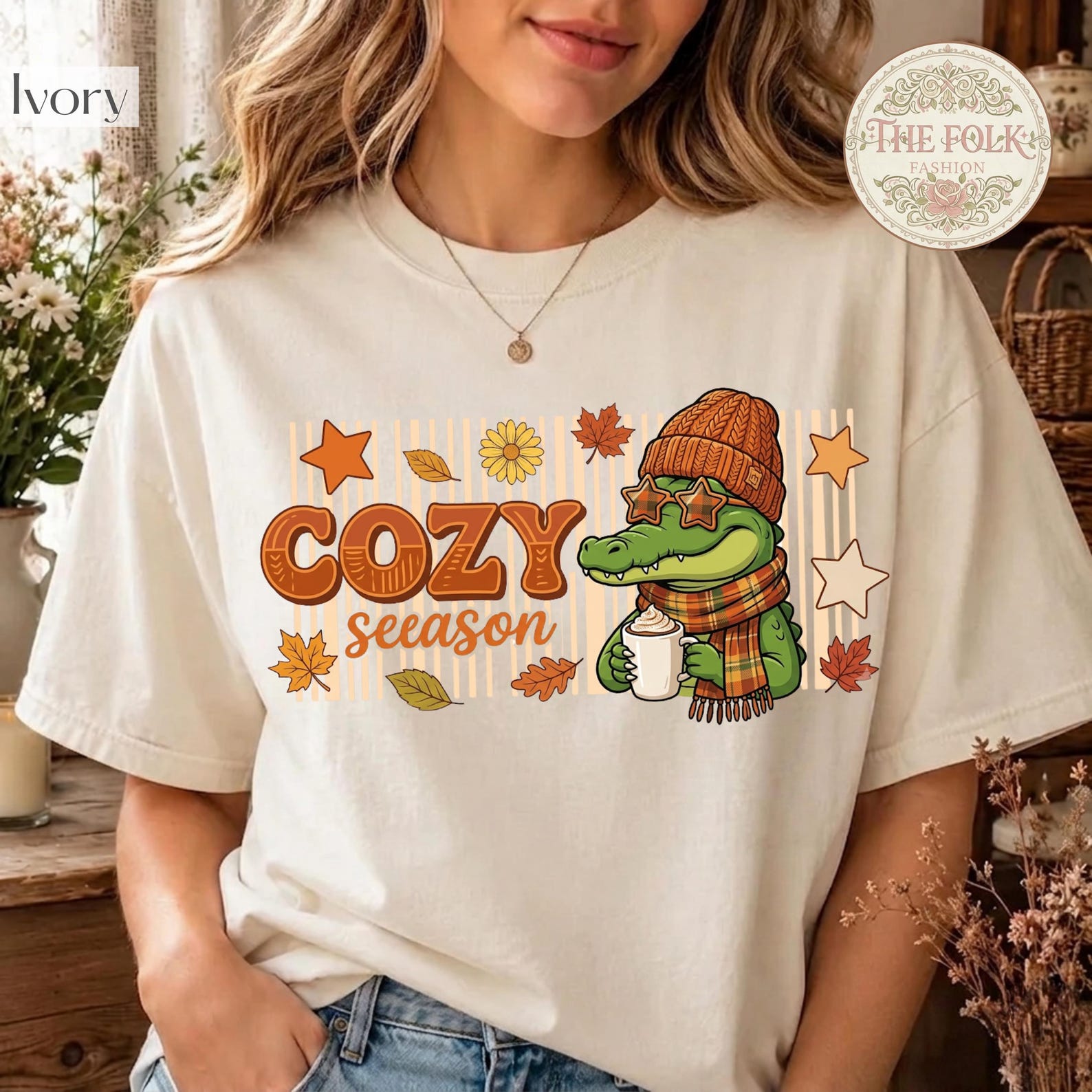 Cozy Season Shirt, Fall Alligator Tee, Cute Crocodile T-shirt, Retro Autumn TShirt, Pumpkin Spice Latte Tee, Trendy Fall Graphic Shirt S