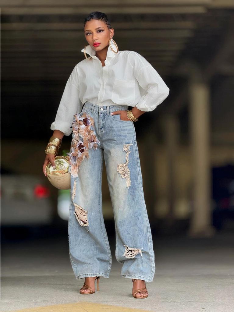 Jeans Rectos Lavados Desgastados con Rosa 3D - Sin Devoluciones ni Cambios