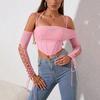 Mesh Suspender Top, European and American Sexy Off-the-shoulder Backless Pleated Splicing Hollow Long-sleeved Fishbone Top