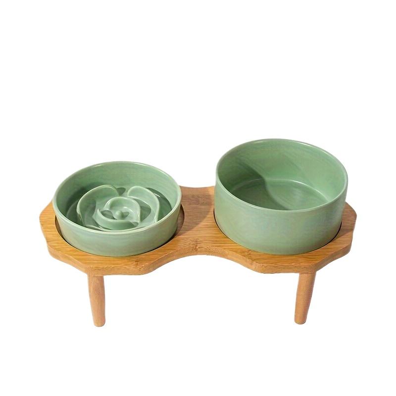 Keramická miska Bomei pro pomalé krmení psů - Proti dušení a proti rozlití, dvojitá miska pro mazlíčky s dřevěným stojánkem