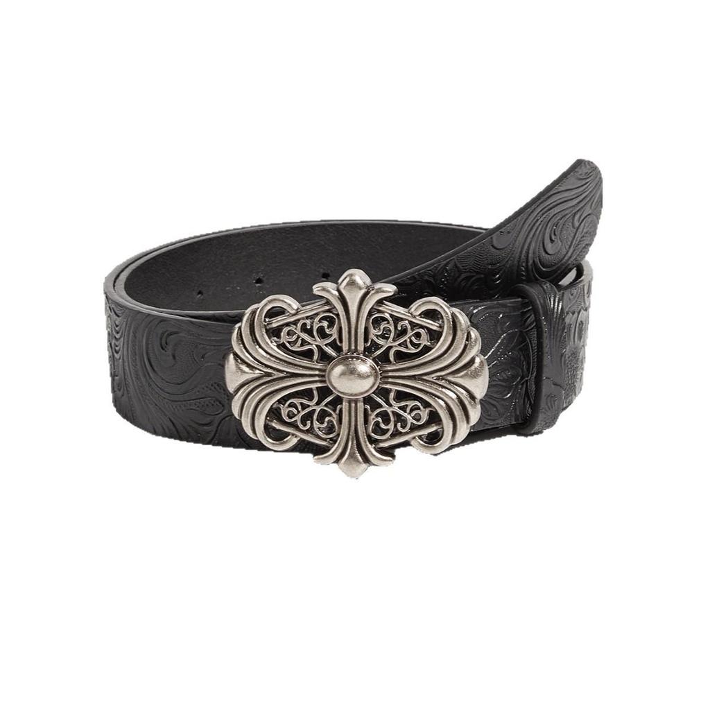 Bohemian Embossed Floral Men's Leather Belt with Cross Alloy Hollow-Out Design
