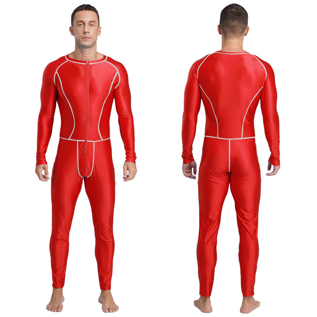Men‘s Compression Swimwear & Gym Romper S-3XL: Shiny Long Sleeve Jumpsuit with Front Zipper, Flatlock Seams for Comfort