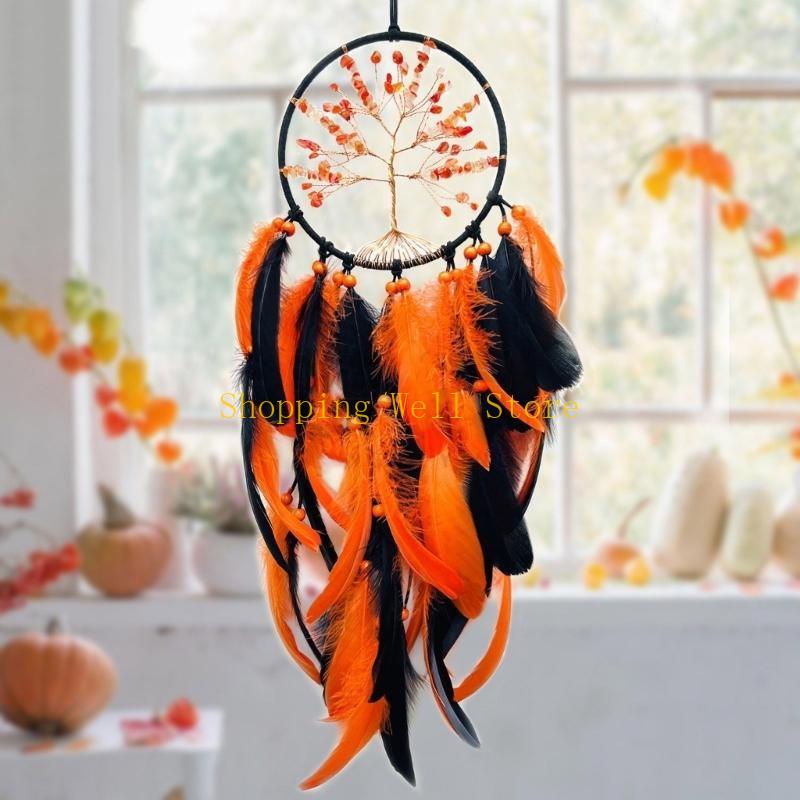 KX4B Halloween Feathered Woven Dreamcatchers with Crystal Stone Tree Wall Hanging Ornament for Festival Parties Decoration China Mainland