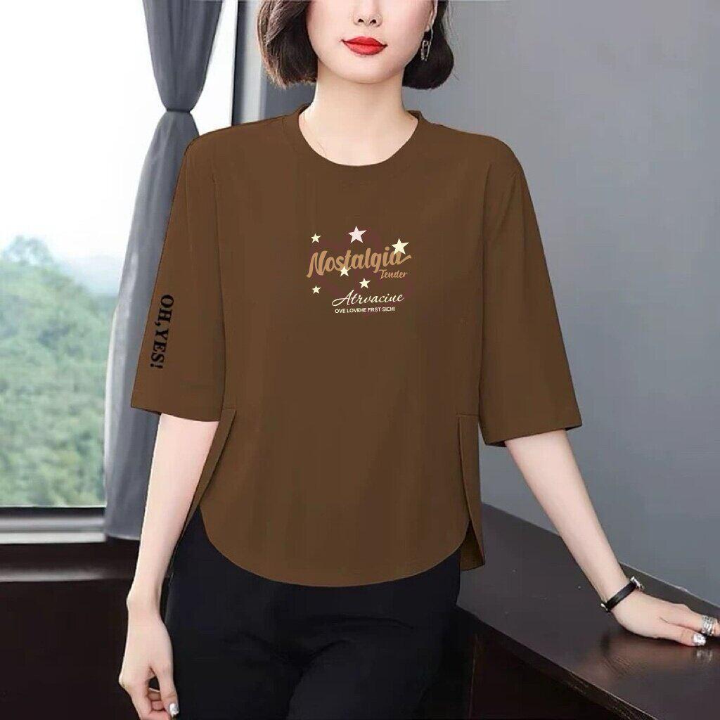 

High-end Women s Three-Quarter Sleeve Summer-Autumn T-shirt - Slimming, Flaw-Hiding, Versatile, and Age-Reducing M