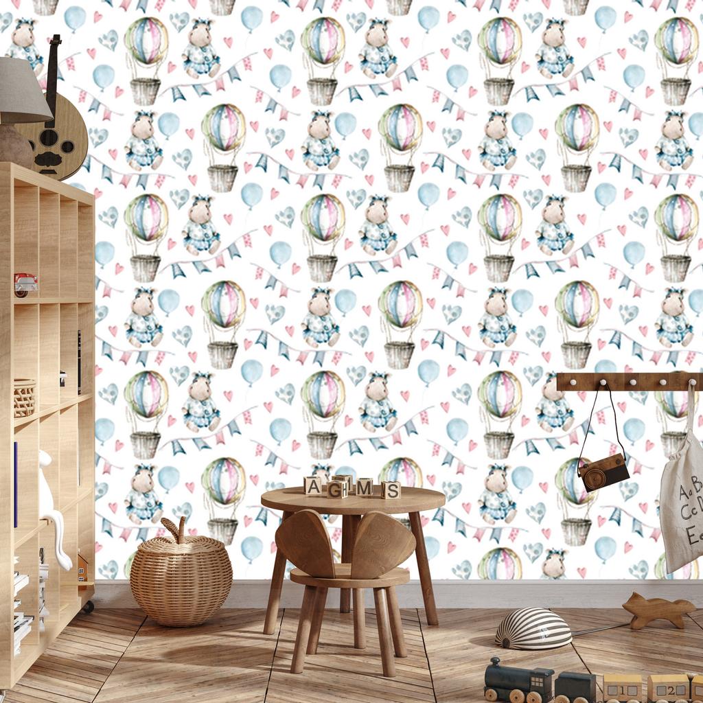 Hippos with Balloons Wallpaper for Living Room and Bedroom 50x1000