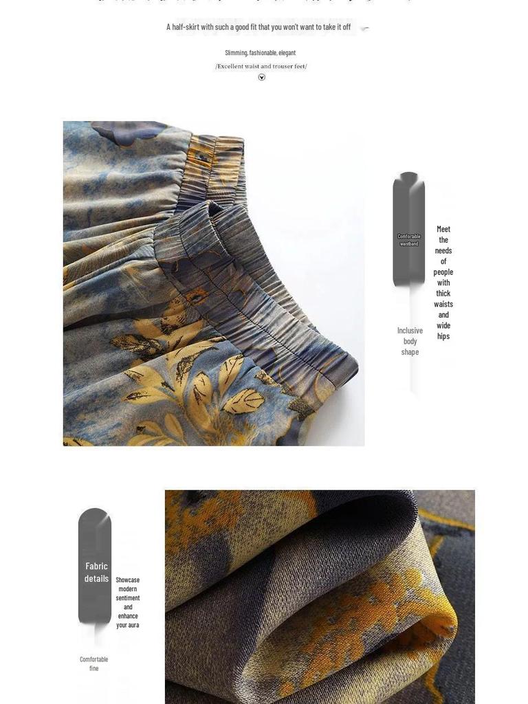 Plus-Size Ink Painting High-Waist A-Line Ice Silk Skirt Pants - Thin, Loose, Versatile Style for Women