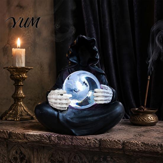 Gaming Room Decoration Faux Crystal Ball Grim Reaper Statue, Gothic Resin Black Robed Skull Statue Sculpture with Glowing Clear Ball, Mysterious