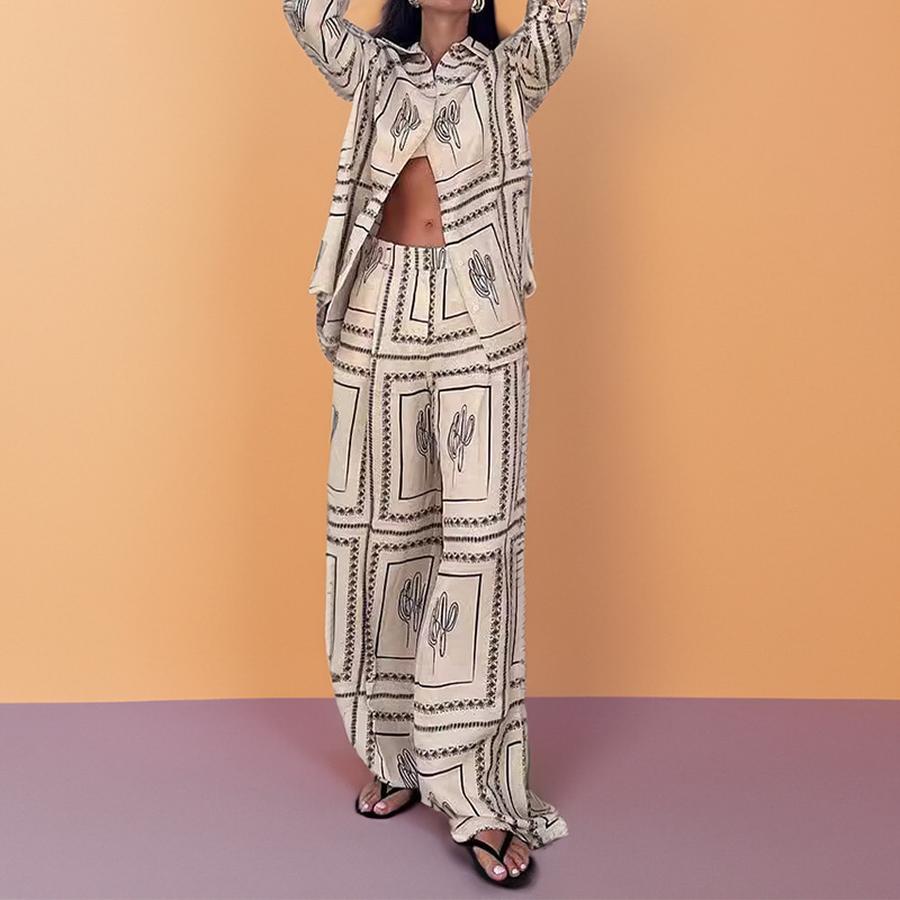Spring New Arrivals Women's Wear Casual Business Printed Shirt Long Pants Fashion Set