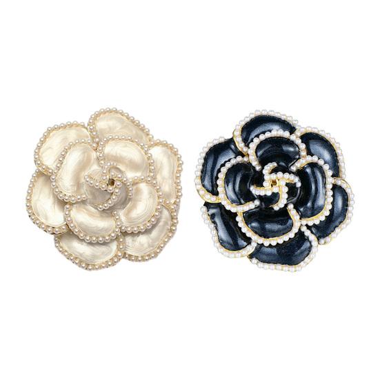 Faux Pearl Camellia Brooch Black White Flower Lapel Pin Sweater Cardigan Coat Business Suit Clothing Accessories Fashion Jewelry