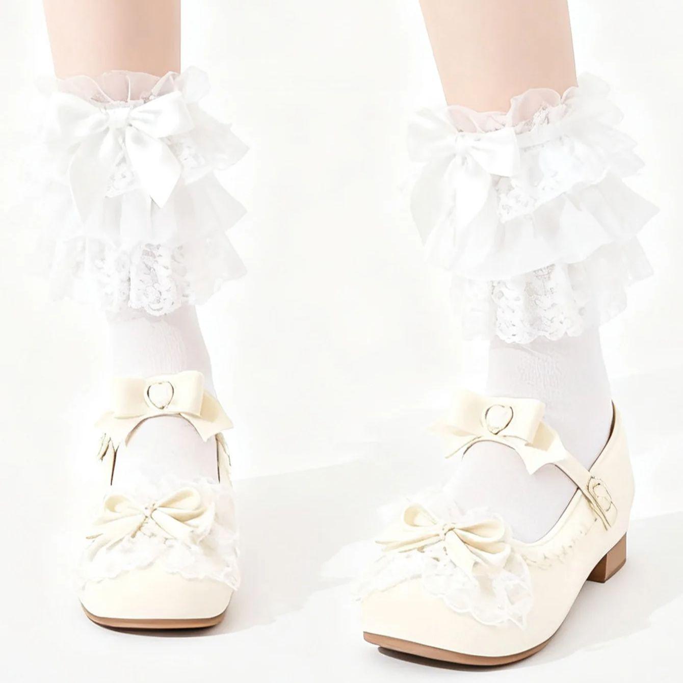 

1 Pair Women S Solid Color Mid-Calf Socks Multi-Layer Lace Trim Japanese Ballet-Style Sweet Bow Socks, Ankle-Friendly Non-Tight One Size