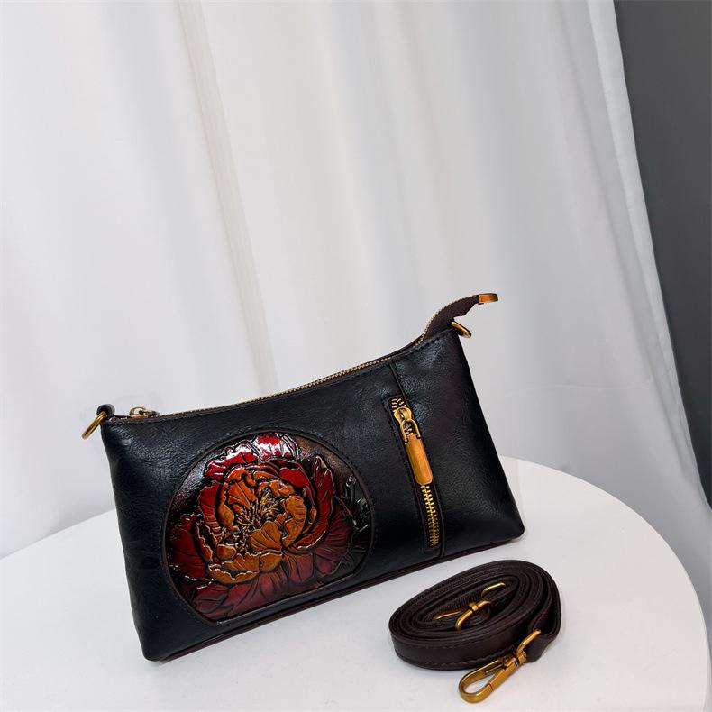 

Ретро этнический стиль тиснение цветка легкая роскошная высококачественная мягкая прочная модная изысканная легкая сумка-кроссбоди на плечо для поездок и активного отдыха чёрный