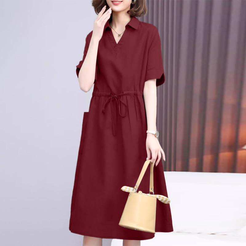 ZANZEA Women Casual Turn Down Collar Loose Short Sleeve Drawstring Dress