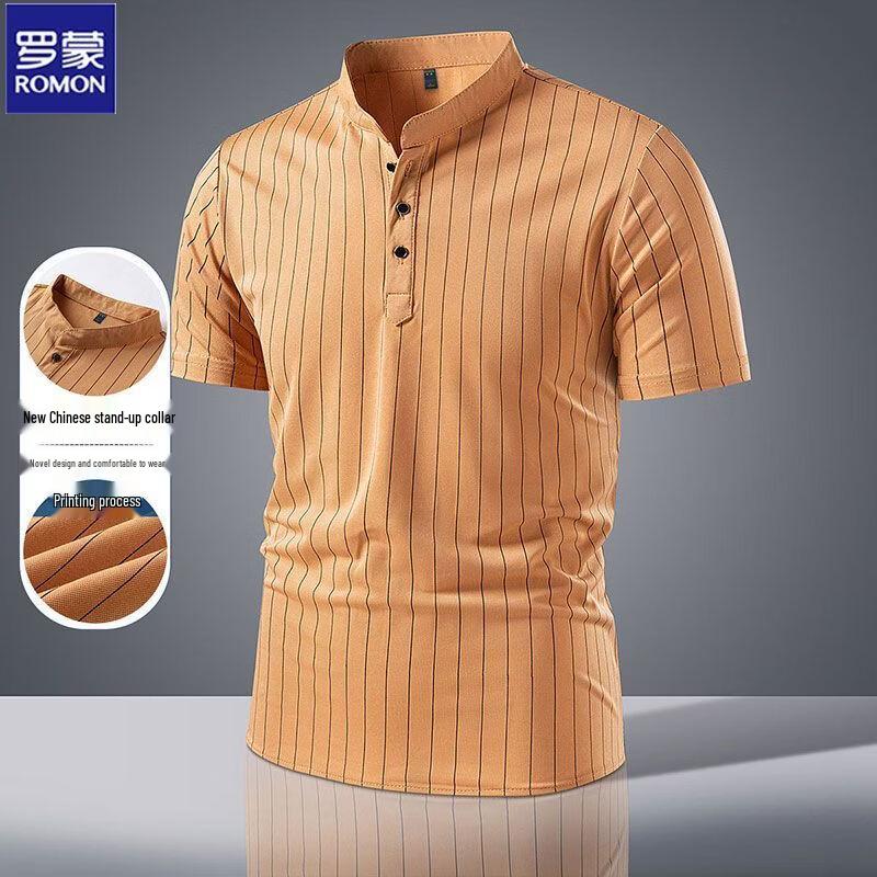 Men s American Henley Vertical Stripe Ice Silk Short Sleeve T-shirt M