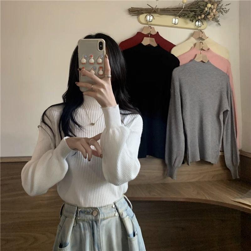 Women's Black Sweater Half Turtleneck Knitwear with Lantern Sleeves Slim Fit Long Sleeve Top for Autumn and Winter Base Layer