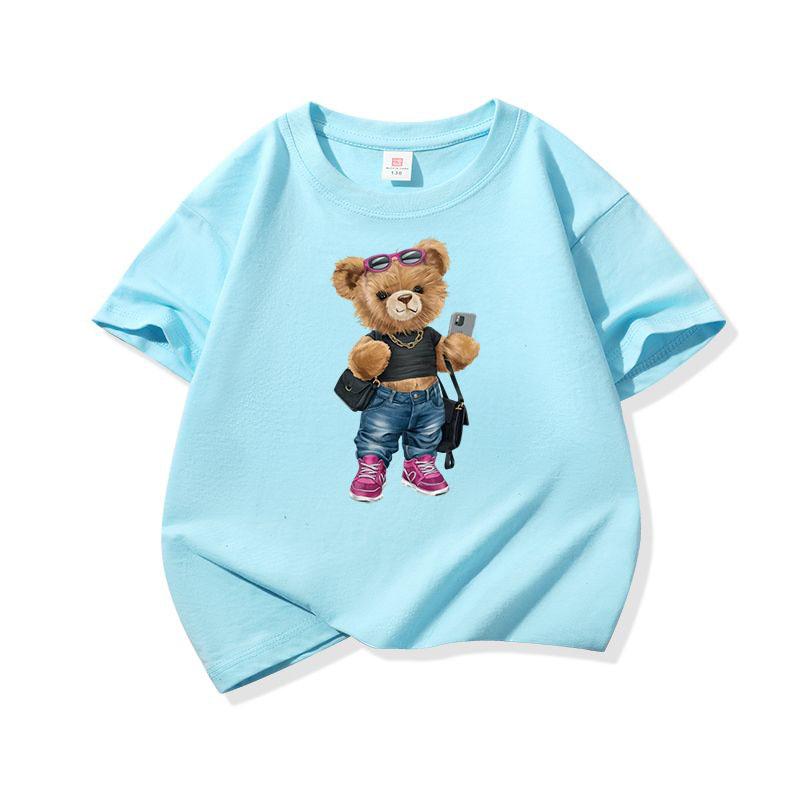Trendy Girl Bear With Sunglasses Graphic Tee Kids 100 Cotton Crew Neck Casual T Shirt Short Sleeve Muticolor Top For Girls Boys