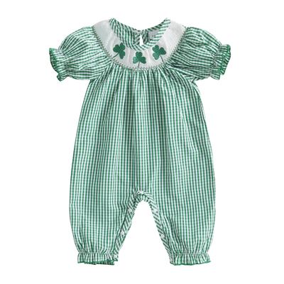 Baby Mädchen Klee Karomuster Strampler Gesmokter Rundhalsausschnitt Rüschen Kurzarm Body Irische Kleidung