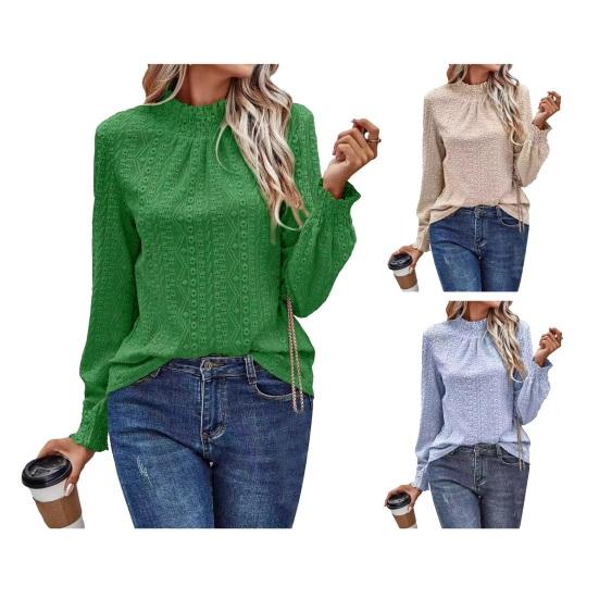 Women Shirt Puff Long Sleeve Stand-Up Collar Soft Stretchy Pullover Tops Hollow Design Casual Tops Office Casual Wear