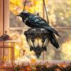 Yousheng Raven On Lantern Acrylic Suncatcher Faux Stained Glass Window Wall Hanging Ornament Gothic Crow On Lamp Halloween Decor for Dark Academia