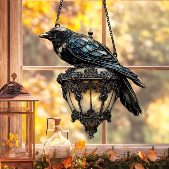 Raven On Lantern Acrylic Suncatcher Faux Stained Glass Window Wall Hanging Ornament Gothic Crow On Lamp Halloween Decor for Dark Academia Home Decor