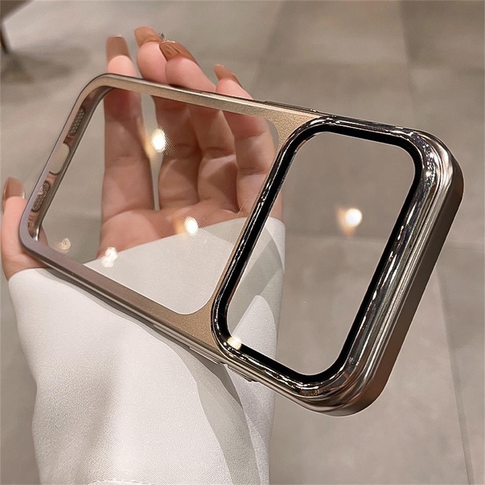 Clear Glass Full Lens Camera Holder Folding Stand Phone Case For 17 16 15 14 13 Pro Max Plating Frame Transparent Cover