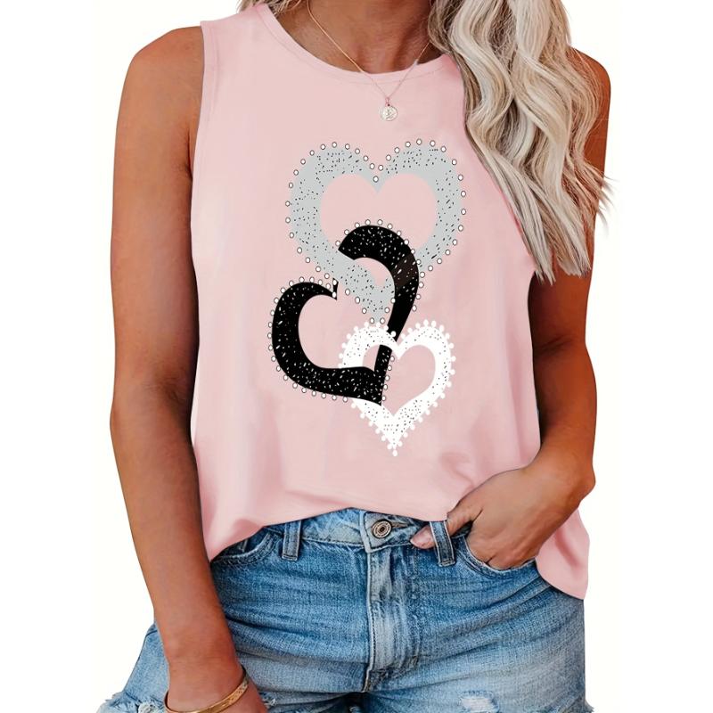 Women's Summer Casual Loose Three Heart One Piece Print Sleeveless Tank Top T-shirt