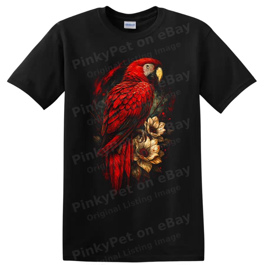 Scarlet Macaw Parrot T Shirt w/ Tropical Flowers Colorful Bird Art Tee Gift