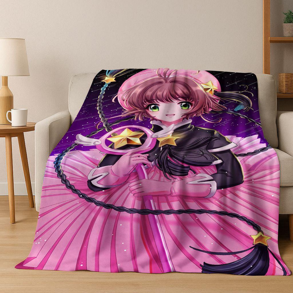 Cute Cartoon Card Captor Sakura Magic Girl Anime Art Flannel Blanket,Cozy Soft Throw Blanket for Home Bedroom Bed Sofa Cover Kid