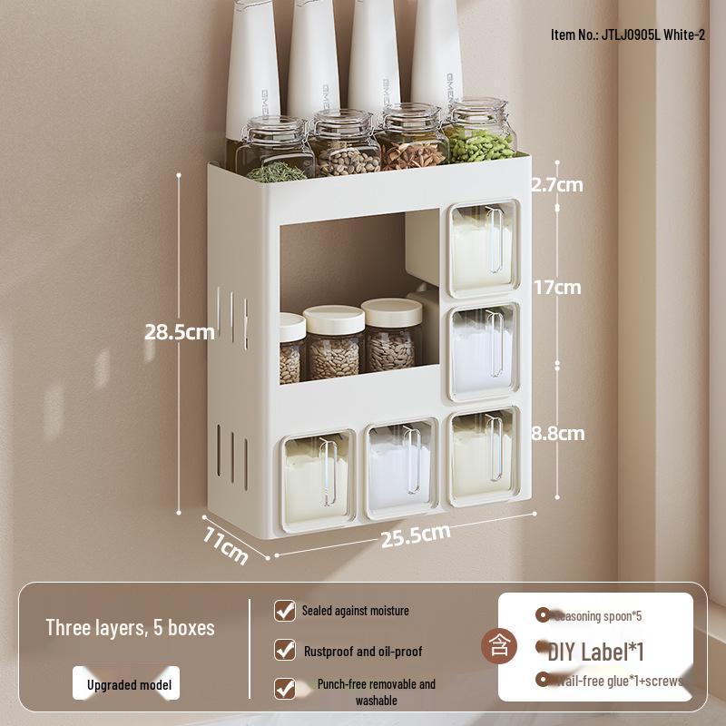 Punch-Free Wall-Mounted Kitchen Seasoning Rack with Jars