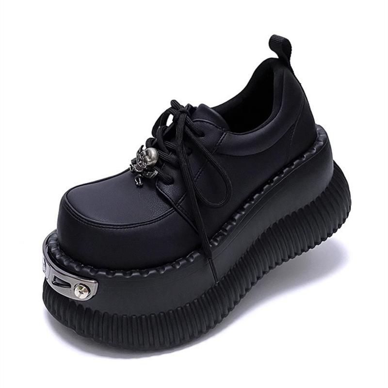 Metal Decoration Round Toe Thick Bottom Platform Chunky Heels Women Pumps Lace Up Black Ins Fashion Y2K Punk Street Ladies Shoes