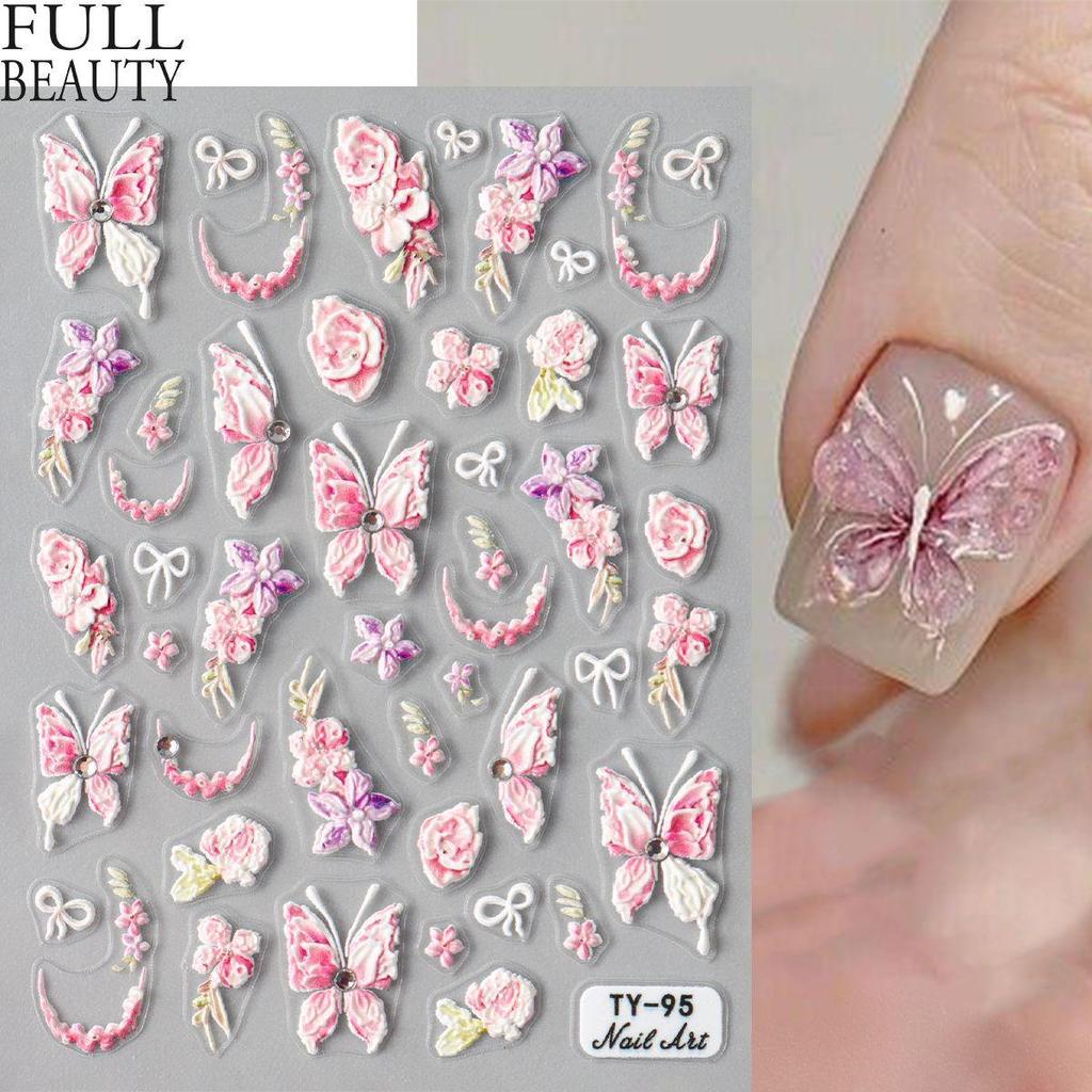 5D geprägte Nagelkunstaufkleber, rosa Blumen-Nagel-Abziehbilder, Gravur, florale Nagelschieber-Tipps