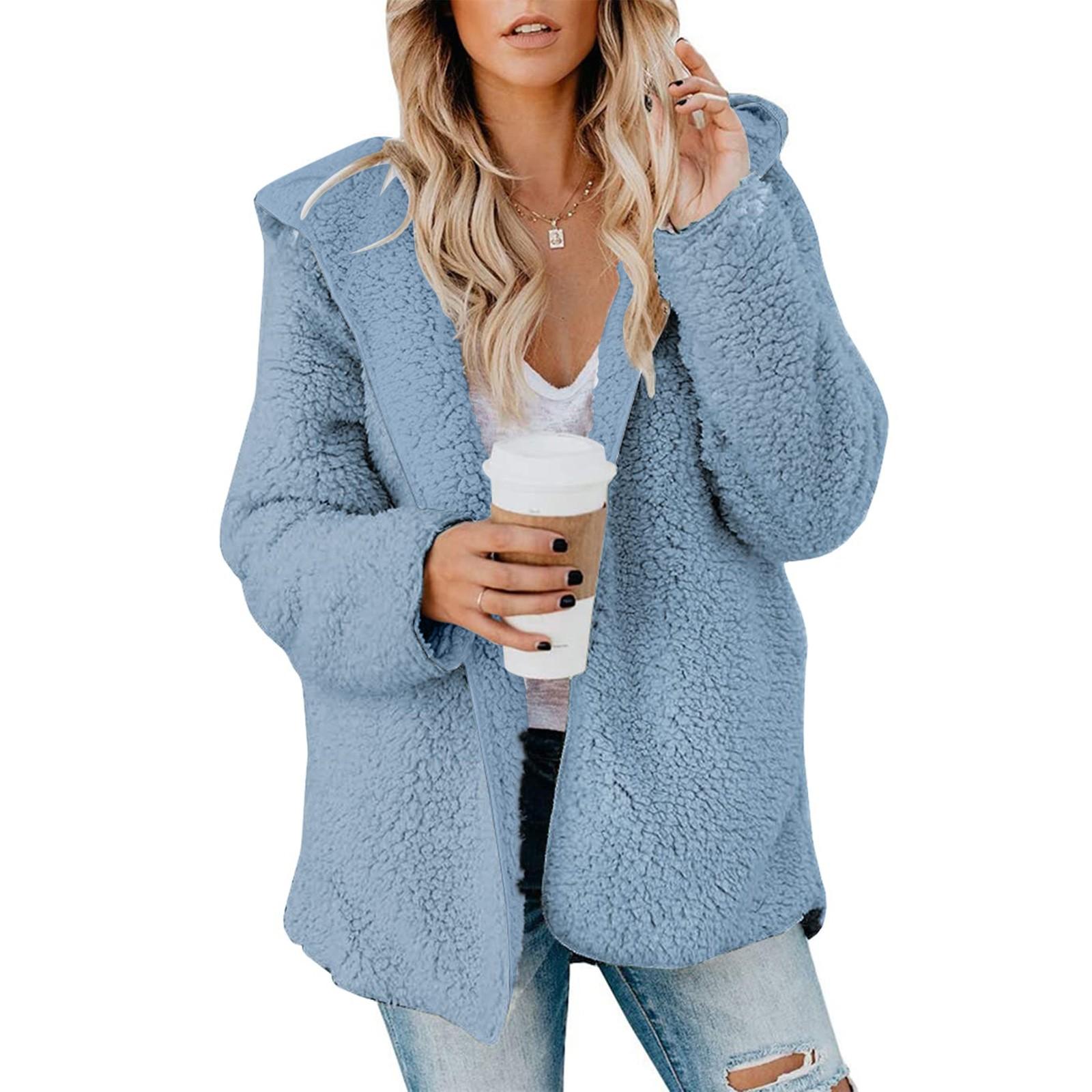 

Женская плюшевая куртка, флисовая куртка большого размера, пальто с карманами, открытыми спереди, с капюшоном, пушистый кардиган L