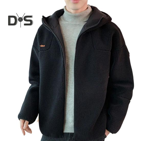 Мужская куртка пальто с капюшоном длинный рукав вышитый буквенный принт однотонное пальто застежка-молния толстый флис теплая зимняя верхняя одежда 2XL чёрный 2283₽