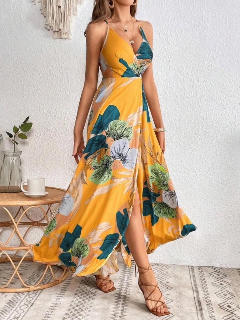 Tropical Print High Slit Strap Dress - European & American Style