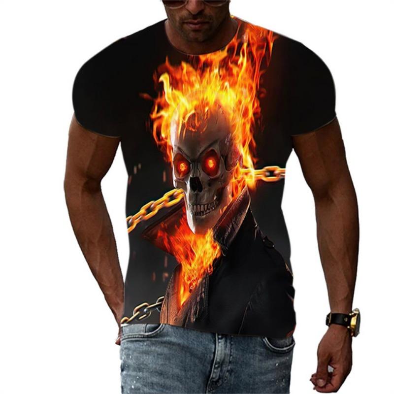 Summer Men's Fashion Trend New T-shirt 3D Flame Skull Digital Print Hip Hop Loose Street Clothing Casual Daily Round Neck Top