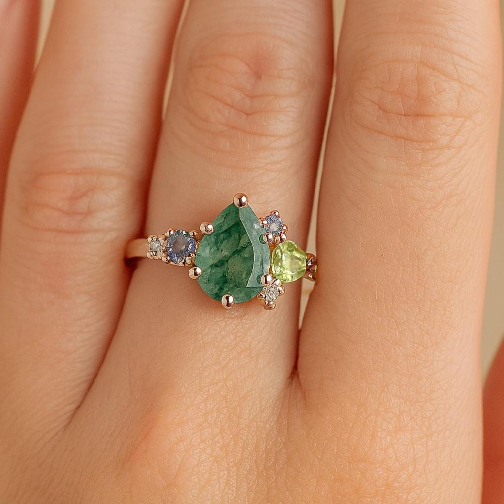 Pear Moss Agate Ring with Peridot, Amethyst & Cubic Zirconia – Nature Inspired Gemstone Jewelry Gift - Rose gold plated 925 Sterling Silver Ring