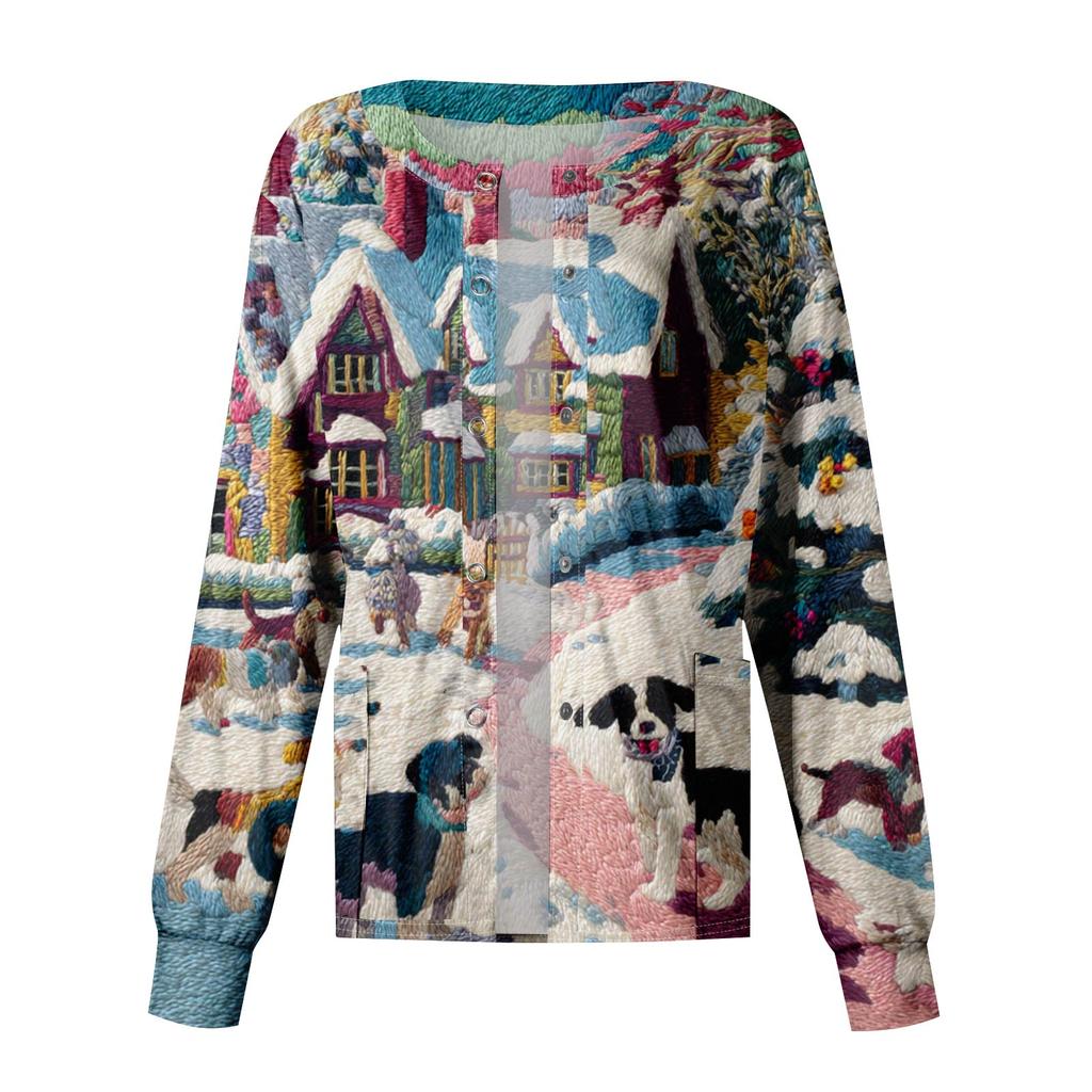 Women's Casual Long-Sleeved Single-Breasted Christmas-Themed Print  Cardigan