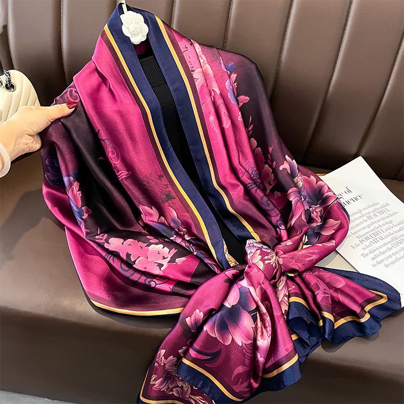 Retro Print Fashionable Long Imitation Silk Women's Versatile Air Conditioning Towel Temperament Versatile Neck Protection Versatile Scarf Silk Scarf