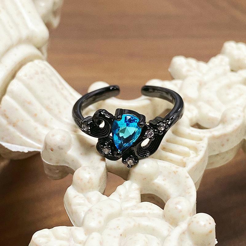 Dark Personality Iris Flower Sea Blue Zircon Flower Opening Ring Niche High-End Temperament Punk Stacked Ring