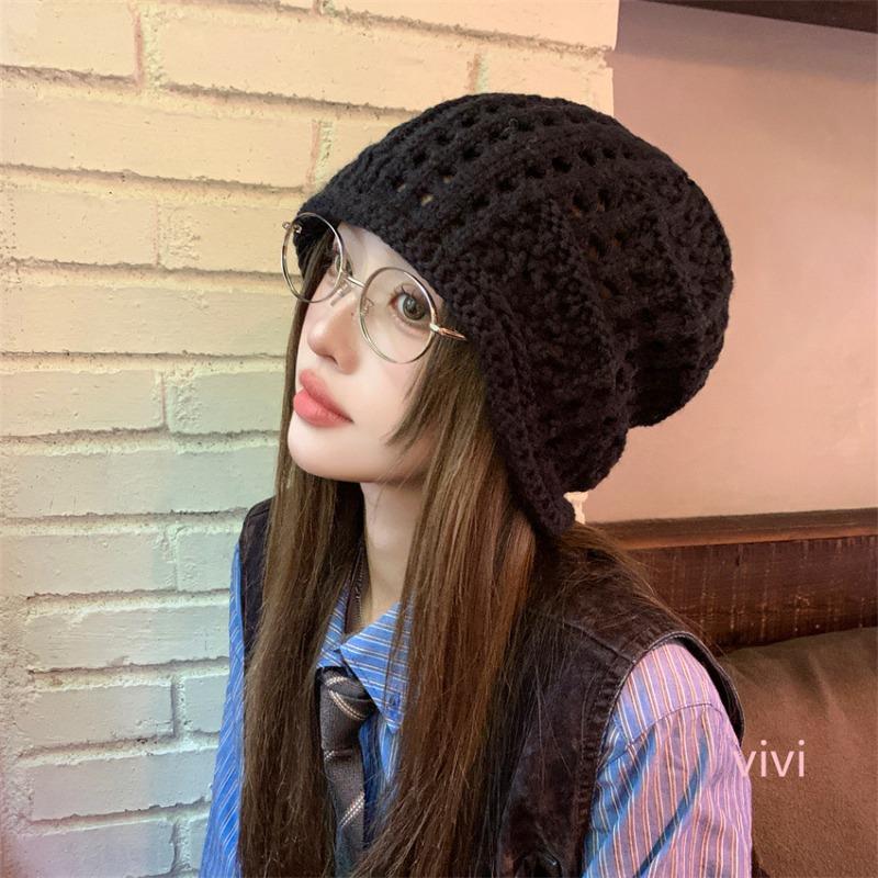 Women S Breathable Hollow Knitted Slouch Hat Solid Color Autumn Flattering Casual Fit