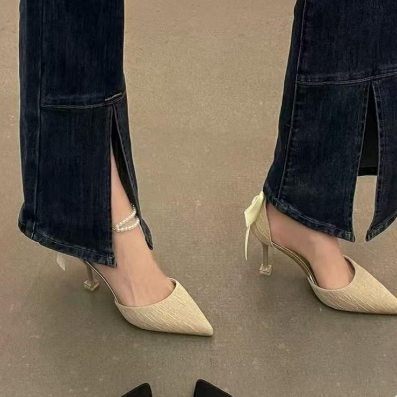 Women Elegant Pearl Stiletto Heels Open Back Evening Dress Shoes Summer New Fairy Single Pumps