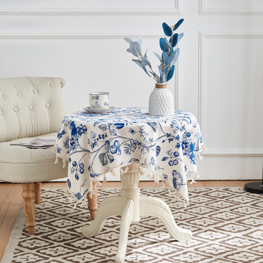 Cotton And Linen Small Fresh Navy Blue Small Flower Round Tablecloth Household Living Room Homestay Decoration Fringed Tablecloth