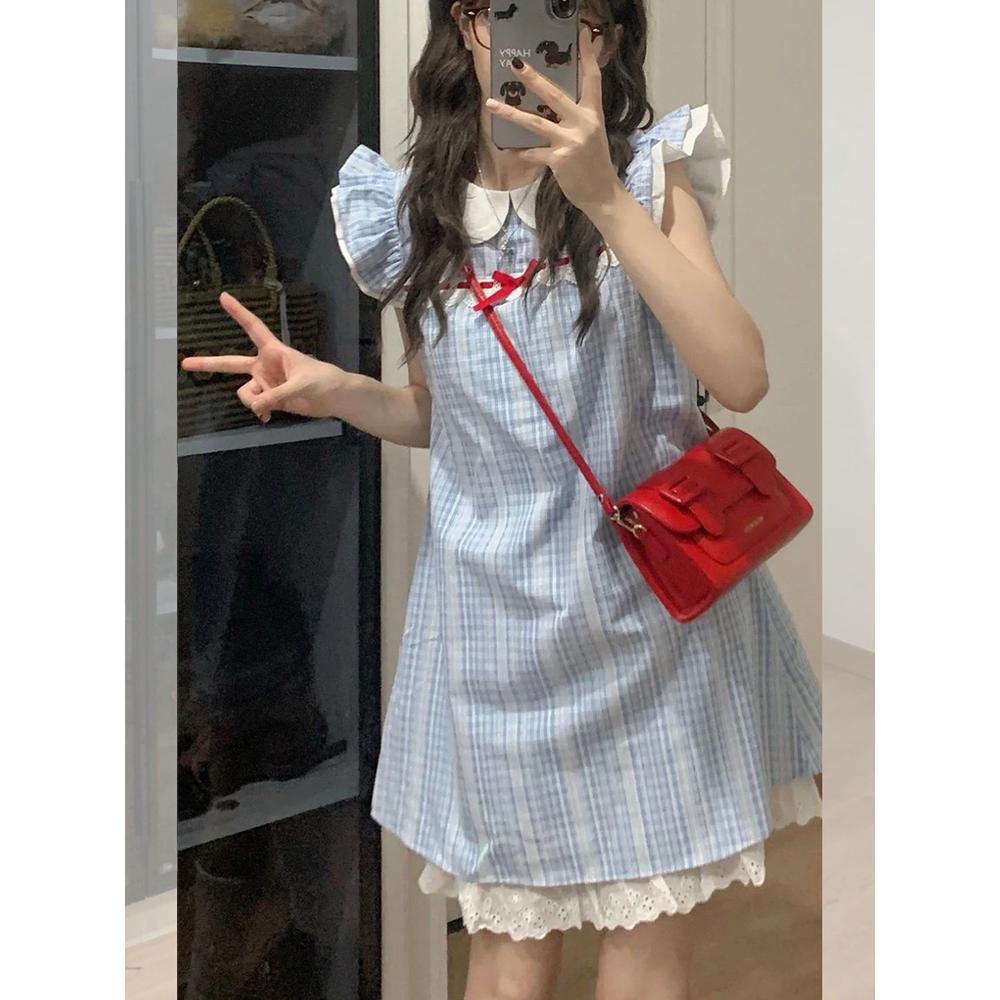 Super Fire College Style Sub-patchwork Dress Women's Summer Dress Casual Small Fly Sleeve Blue Lace A-line Skirt