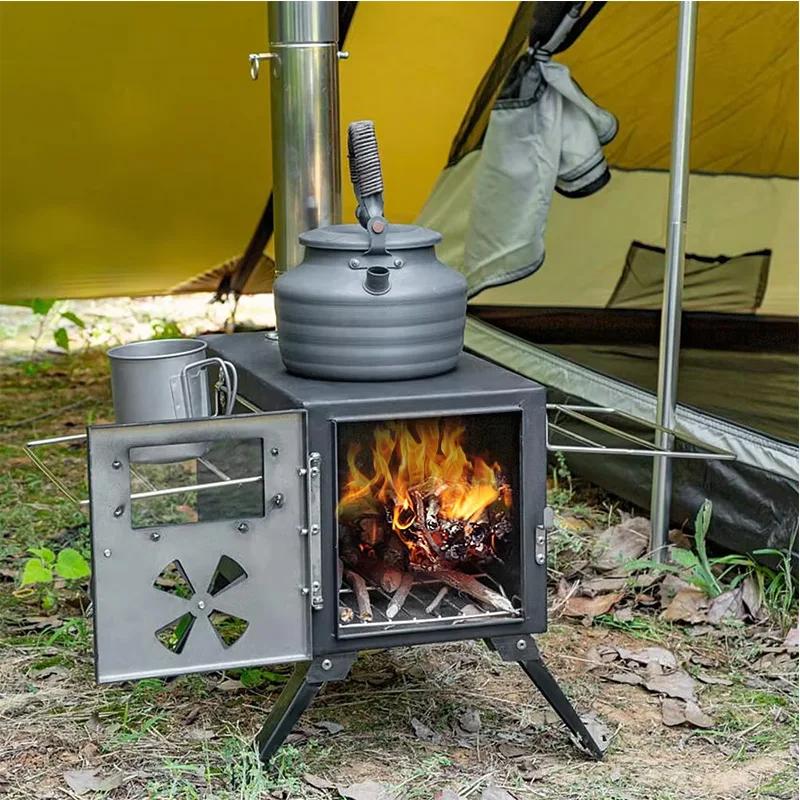 Outdoor Camp Tent Folding Firewood Stove Portable Wood Burning Stove Multifunctional Firewood Burner with Detachable Chimney